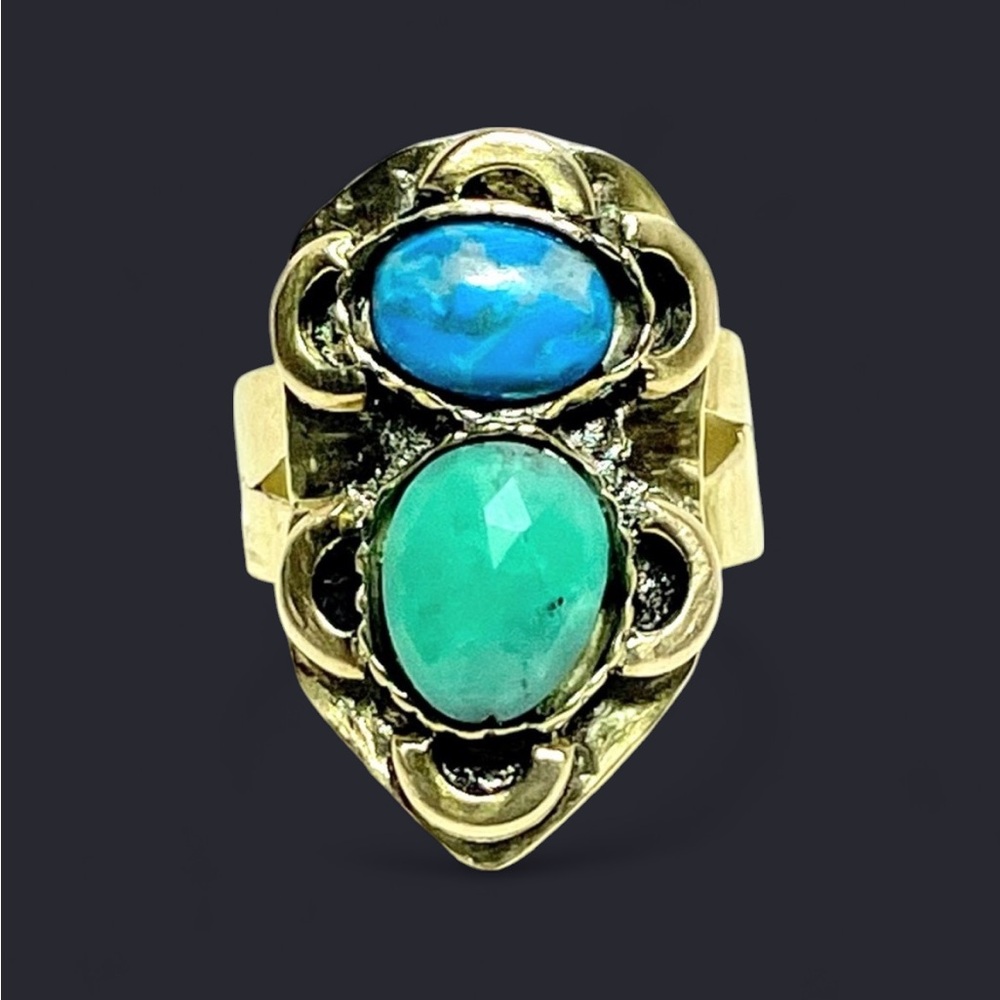 Chrysoprase & Apatite + Bronze Metal Double Gemstone Ring (6.5)
